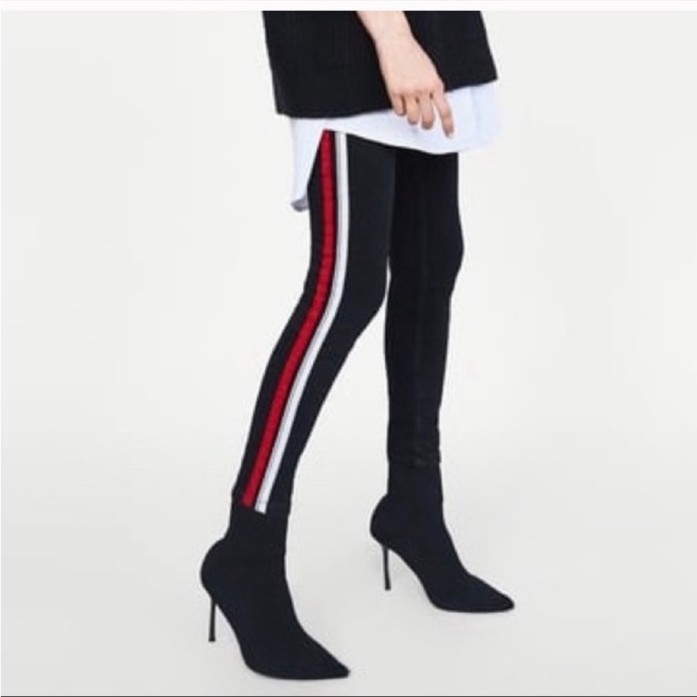 Zara High Waisted Rise Skinny Jeans Racing Tuxedo Stripe Black Red White